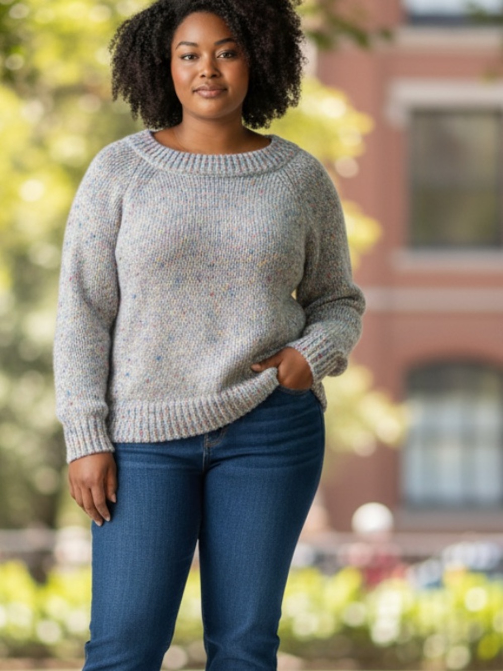 Chaps Heathered Scoopneck Sweater - Light Gray with Pastel Specks